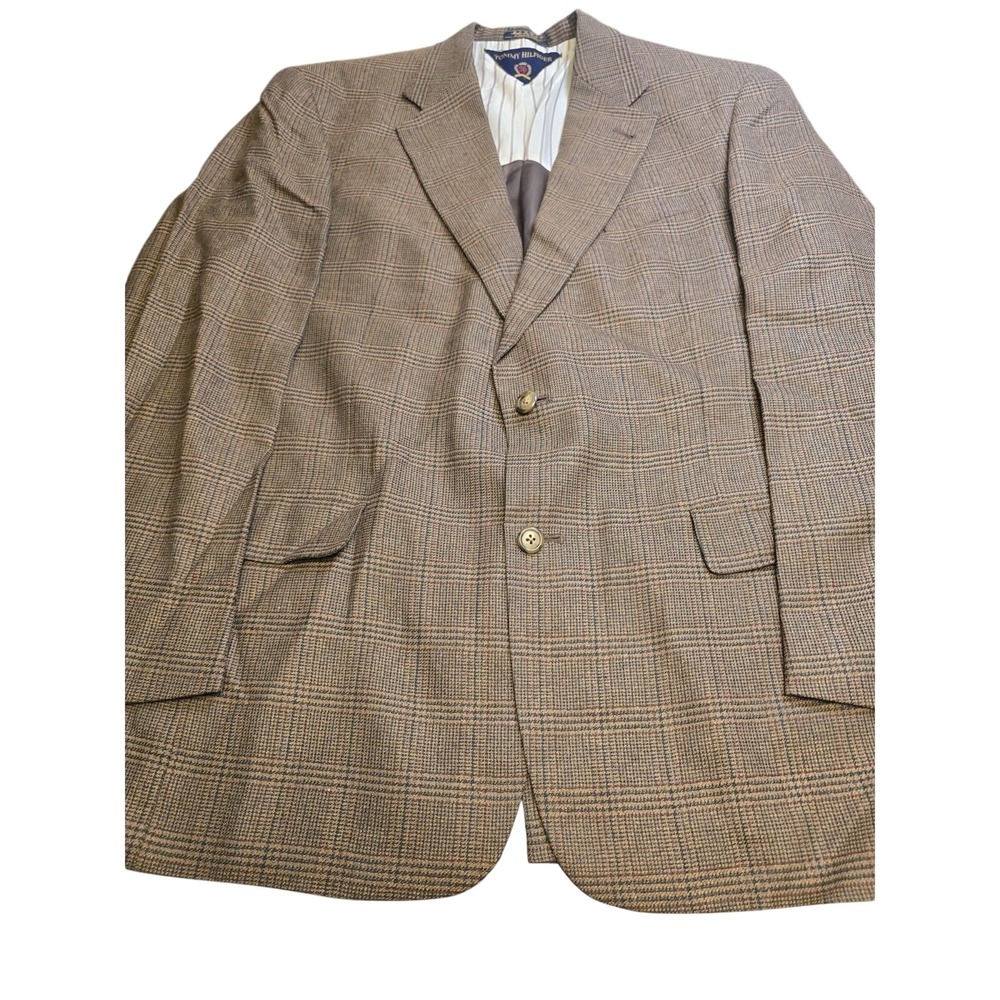 Tommy Hilfiger Mens 42L Blazer Brown Glen Plaid 2-Button Sport Coat USA Made Vtg